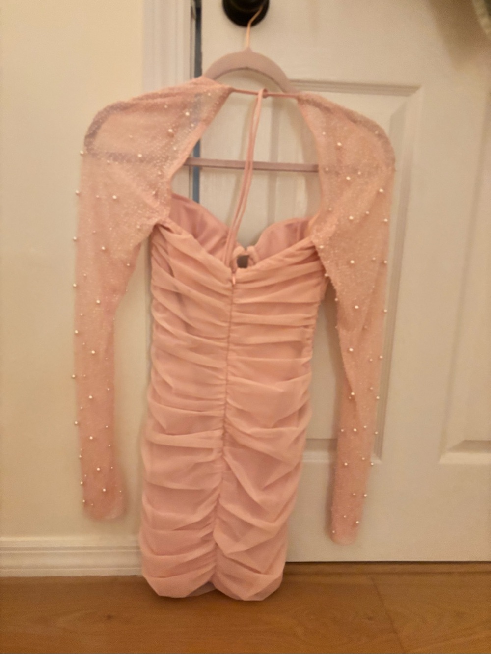 Oh Polly Pearl-Embellished Blush Pink Ruched Long Sleeve Dress
